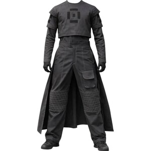 May include: A dark grey futuristic outfit, featuring a cropped top with a geometric design, long-sleeved undershirt, and high-waisted trousers with pockets and quilted knee pads. The outfit includes a long, flowing coat and gloves.