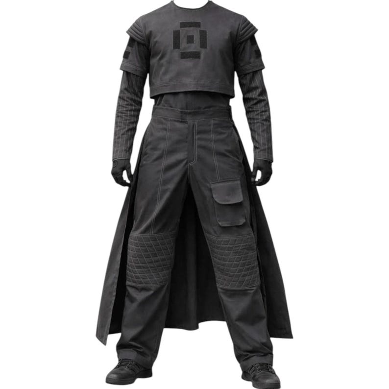 May include: A dark grey futuristic outfit, featuring a cropped top with a geometric design, long-sleeved undershirt, and high-waisted trousers with pockets and quilted knee pads. The outfit includes a long, flowing coat and gloves.