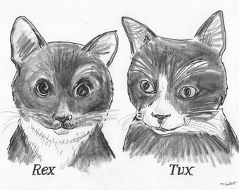 Pet sketch. 2 cats or dogs. Head shots. Black and white.