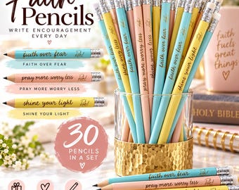 May include: A set of 30 pencils in pastel blue, pink, and yellow colors, featuring metallic ferrules and erasers. Each pencil is printed with phrases including Faith Over Fear, Pray More Worry Less, and Shine Your Light in black script.