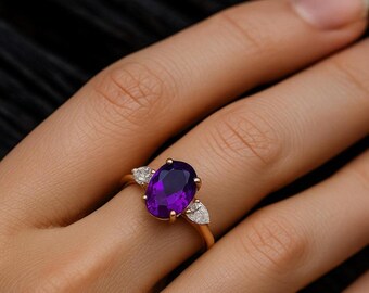Oval Amethyst Gold Ring with Pear CZ, Three Stone Dainty Ring