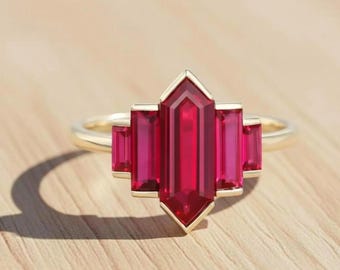 Hexagon Red Ruby 14K Gold Engagement Ring, Art Deco Bridal Ring