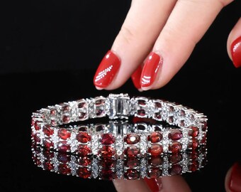 Natural Garnet Tennis Bracelet, 18k White Gold Plated Sterling Silver, 7.5 Inch Gemstone Bangle