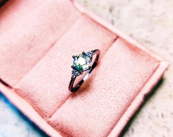Hexagon Cut Moss Agate Ring, Black Rhodium 925 Sterling Silver Ring