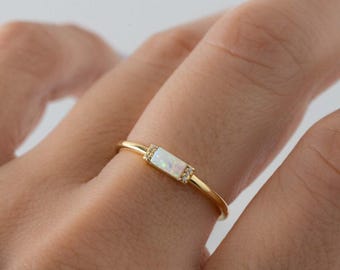 Dainty Opal Baguette Ring, 925 Sterling Silver, Minimalist Stacking Ring