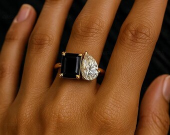 Toi Et Moi Onyx Moissanite Engagement Ring | 18K Solid Gold Two Stone Ring