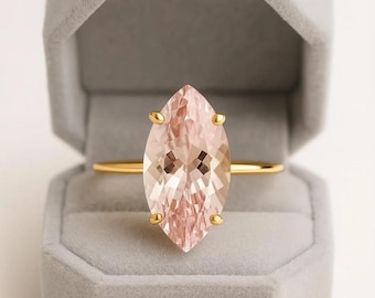 Marquise Cut Morganite Ring, 14K Solid Gold Solitaire, Art Deco Style, Women's Anniversary Jewellery