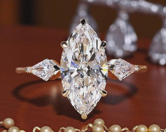 Marquise Cut Moissanite Engagement Ring, Kite Side Stone, 925 Sterling Silver