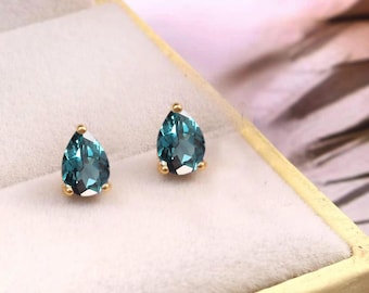Indicolite Blue Green Tourmaline Studs: Pear Cut 6x4mm, Gold Plated Sterling Silver Earrings