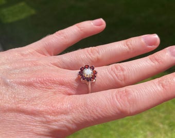 Sterling Silver Opal Garnet Cluster Ring - Multi Stone