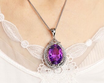 Oval Amethyst Pendant, 925 Sterling Silver, 21.68ct Gemstone Jewelry