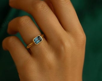 Emerald Cut Blue Topaz Ring, Sterling Silver, Gold Band, 7x5mm Gemstone Ring