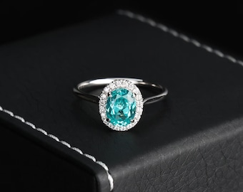 Paraiba Color Hexagon Lab-Grown Sapphire Ring, 14k White Gold, Moissanite Accents