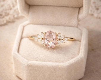 Oval Morganite Ring, Pink Gemstone, Art Deco Floral Band, Gold Sterling Silver
