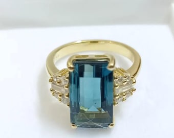 Indicolite Tourmaline Sterling Silver Ring: Emerald Cut Gemstone