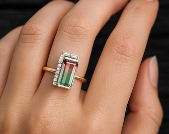 Watermelon Tourmaline Baguette Ring | Bi-Color Art Deco Engagement Band