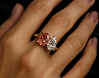 Toi et Moi Ring | Oval Pink Sapphire, Pear Moissanite, Gold Band
