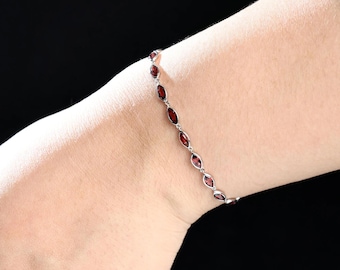 Marquise Garnet Bracelet, 18K White Gold Plated Sterling Silver, 5.39cttw Marquise Stones