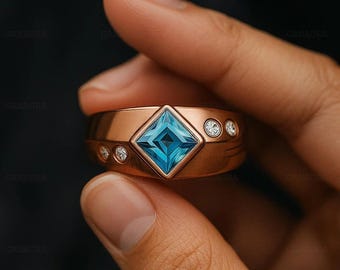 Princess Cut Blue Topaz Signet Ring, Rose Gold Sterling Silver, Art Deco Statement Jewelry