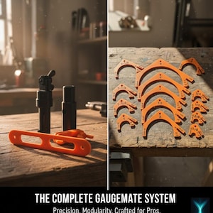 May include: An assortment of orange and black tools are displayed on a wooden surface. The tools include a series of curved gauges with measurements and several black cylindrical components. The text "THE COMPLETE GAUGEMATE SYSTEM" is visible.