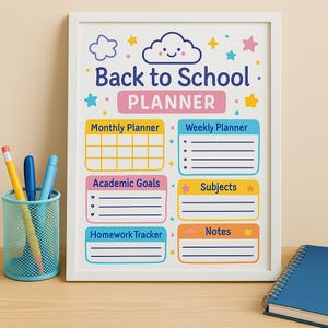 Peut inclure: Un planificateur "Back to School" encadré de blanc, avec des graphiques et du texte colorés. Le planificateur comprend des sections pour la planification mensuelle et hebdomadaire, les objectifs scolaires, les matières, le suivi des devoirs et les notes. Un porte-stylo bleu avec des stylos et des crayons est à gauche.