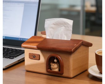 Caja de pañuelos de madera para cama de gato, lindo soporte para caja de pañuelos de gato, funda de caja de pañuelos kawaii, decoración de madera para el hogar, divertido accesorio de escritorio, regalo