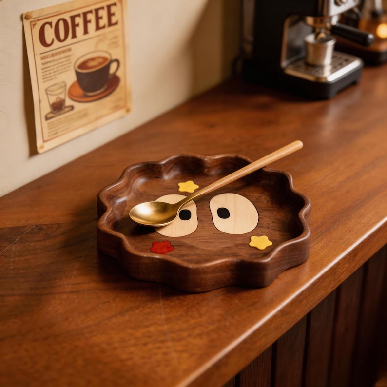 May include: A wooden, wavy-edged tray with a cartoon face design, featuring wooden eye and mouth accents, and yellow star details. A gold spoon rests on the tray. The tray is on a wooden surface, with a coffee-themed poster in the background.