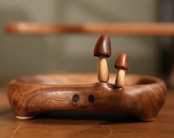 Handcrafted Black Walnut Maple Mushroom Tray, Woodland Forest Decor, Key Holder