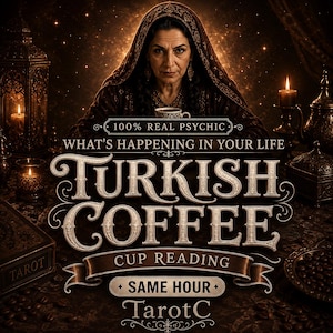 Op de afbeelding: Een persoon in donkere kleding met capuchon zit achter een tafel met een kaars, een lantaarn en koffiebonen. De tekst luidt: 100% REAL PSYCHIC, WHAT'S HAPPENING IN YOUR LIFE, TURKISH COFFEE, CUP READING, SAME HOUR en TarotC in decoratief lettertype.