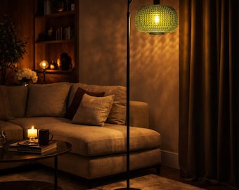 Modern Midcentury gold Floor Lamp with Green Glass shade - Tall Standing Dimmable Customizable -custom Lampshades