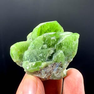 May include: A vibrant, lime-green crystal cluster with sharp, geometric formations. The mineral specimen has a rough, textured base with hints of gray and brown. The background is a solid black, highlighting the bright green color of the crystal.