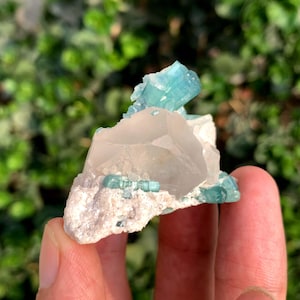May include: A natural mineral specimen featuring a cluster of light blue crystals atop a translucent quartz formation. The quartz sits on a rough, off-white matrix. The specimen is held in a hand, with a blurred green background.