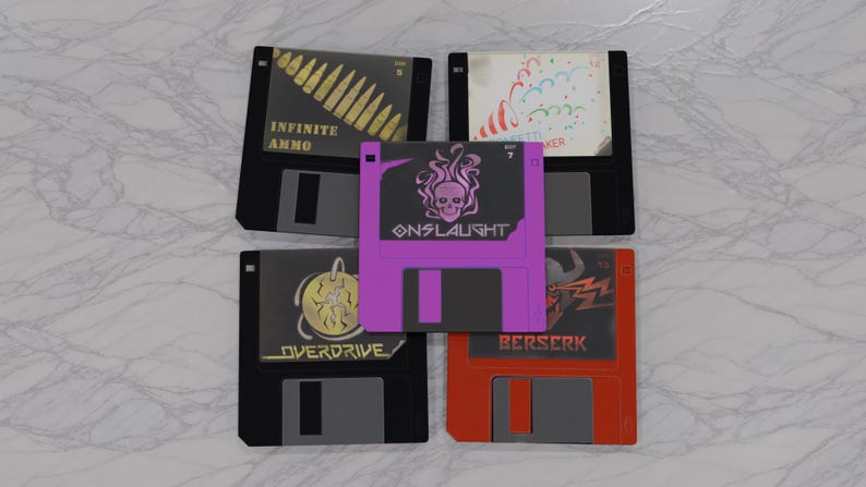 May include: A collection of five retro floppy disks with various designs. One disk is purple with a skull graphic and the word "ONSLAUGHT". Other disks feature text like "INFINITE AMMO" and "OVERDRIVE". The disks are black, red, and purple.