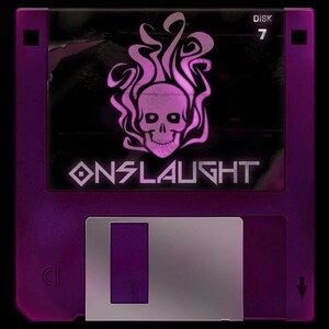May include: A purple floppy disk with a skull and flame design. The word "ONSLAUGHT" is displayed in white, along with the number "7" and the word "DISK". The disk has a metallic silver sliding cover.