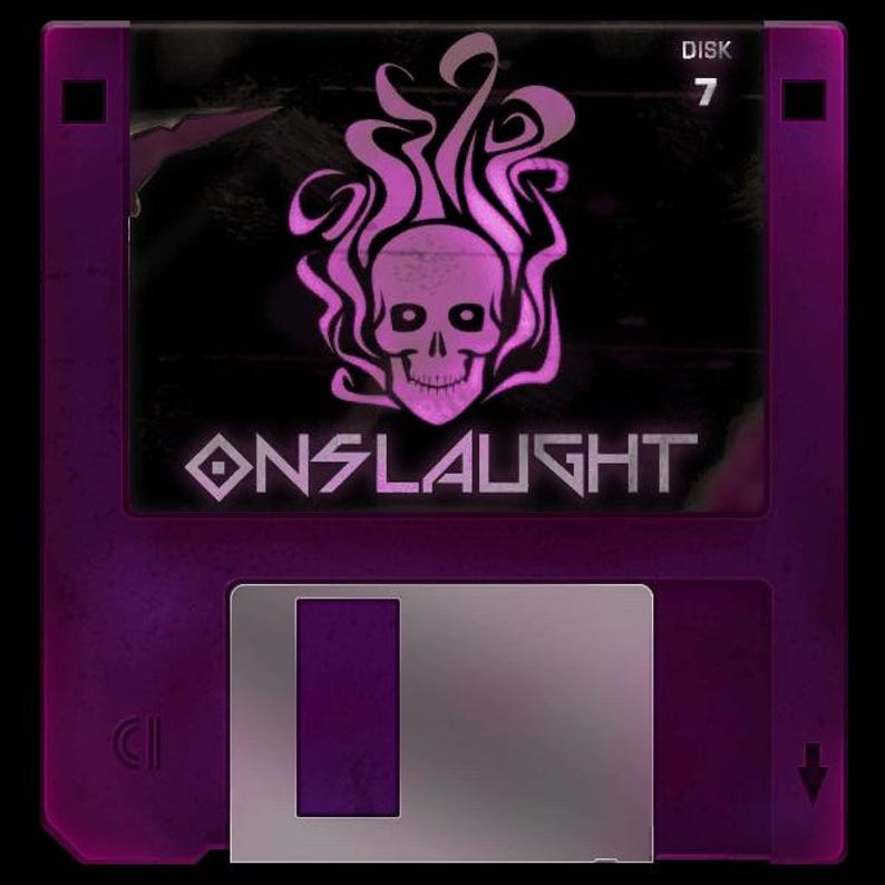 May include: A purple floppy disk with a skull and flame design. The word "ONSLAUGHT" is displayed in white, along with the number "7" and the word "DISK". The disk has a metallic silver sliding cover.
