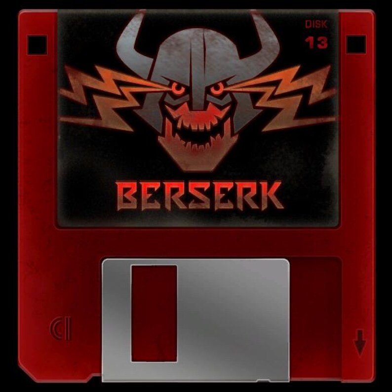 May include: Red floppy disk with a black center featuring a horned skull design with lightning bolts and the word "BERSERK." The disk has a silver metal access panel and the text "DISK 13."