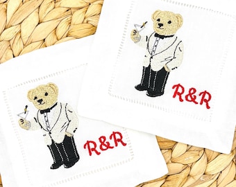 Tuxedo Bear Martini Embroidered Linen Cocktail Napkins: Personalized Barware Gift, New Home Gift, Host Gift