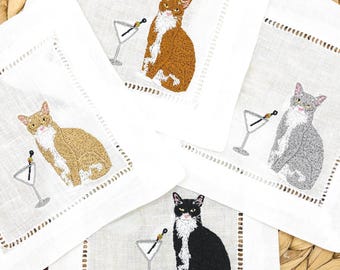 Custom Cat Cocktail Napkins, Cat with Drink, Hostess Gift, Cat Bar Napkin