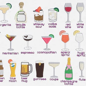 May include: Embroidered image of various cocktails and drinks. Designs include a Bloody Mary, Margarita, Tequila bottle, Whiskey Sour, Vodka Soda, Red Wine, White Wine, and Diet Coke. Other drinks include a Dirty Martini, Manhattan, Espresso, Cosmopolitan, Aperol Spritz, Hugo Spritz, Coke, Green Beer, Brown Beer, Blue Moon, Beer Mug, Guinness, Coupe, Champagne Bottle, Flute, and Mojito.