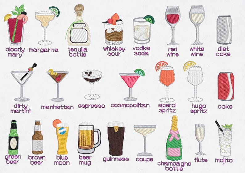 May include: Embroidered image of various cocktails and drinks. Designs include a Bloody Mary, Margarita, Tequila bottle, Whiskey Sour, Vodka Soda, Red Wine, White Wine, and Diet Coke. Other drinks include a Dirty Martini, Manhattan, Espresso, Cosmopolitan, Aperol Spritz, Hugo Spritz, Coke, Green Beer, Brown Beer, Blue Moon, Beer Mug, Guinness, Coupe, Champagne Bottle, Flute, and Mojito.