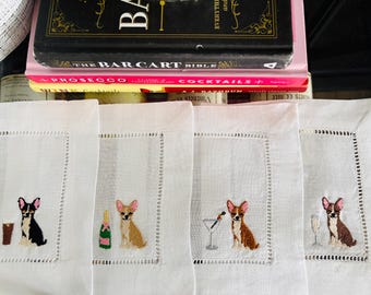 Chihuahua Cocktail Napkins | Embroidered Linen Dog Napkin | Dog Lover Gift | Dog Mom Gift