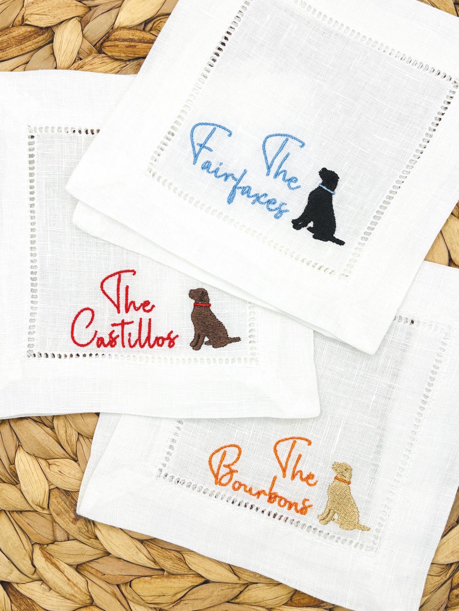 Labrador Retriever Embroidered Linen Cocktail Napkins; Dog Mom Gift, Housewarming, Barware Gift, New Home Gift