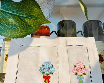 Personalized Embroidered Hydrangea Linen Napkins: Blue White Decor