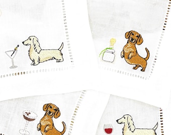 Dachshund Embroidered Linen Cocktail Napkins: Dog Mom Gift, Mothers Day Gift,  Housewarming, Host Gift