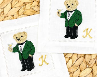 Tuxedo Bear Champagne Embroidered Linen Cocktail Napkins: Personalized Barware Gift, New Home Gift, Host Gift