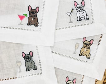 French Bulldog Embroidered Linen Cocktail Napkins: Dog Mom Gift, Mom Gift, Custom Pet Napkins
