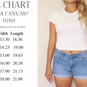 May include: A white crew neck t-shirt and denim shorts are shown. A size chart with measurements in inches is displayed on the left. The chart includes sizes XS to 2XL, with width and length measurements for each size.