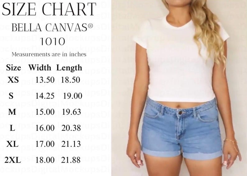 May include: A white crew neck t-shirt and denim shorts are shown. A size chart with measurements in inches is displayed on the left. The chart includes sizes XS to 2XL, with width and length measurements for each size.