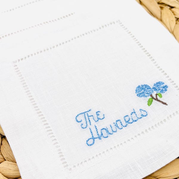 Personalized Embroidered Hydrangea Linen Napkins: Blue White Decor, Mom Gift, New Home Gift, Gift for Mom