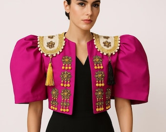 Exclusive Luxury Matador pink Jacket with Handcrafted Embroidered Torero Shoulder Pads – Statement Designer Blazer for Elegant unique Women